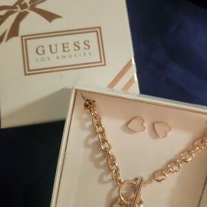 Guess Gold Tone Necklace and Heart Earrings Set